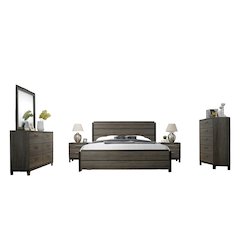 Grey Finish Wood Bed Room Set, Queen Bed, Dresser, Mirror, 2 Night Stands, Chest