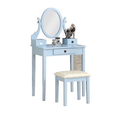 Moniys Wood Makeup Vanity Table and Stool Set, Blue