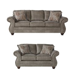 Leinster Faux Leather Upholstered Nailhead Sofa and Loveseat Set in Stone Gray