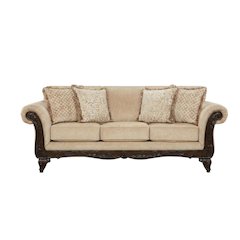 Upholstered Wood Frame Sofa with Carved Detail for Living Room, Beige