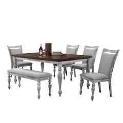 6 Piece Dining Table Set, 4 Upholstered Chairs, 1 Bench, Rustic White and Oak