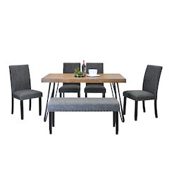 Amisos 6-Pc Dining Set, Hairpin Dining Table with 4 Chairs and Bench, Gray