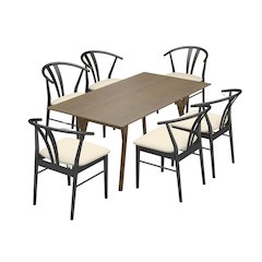7-Piece Dining Set, Walnut Finished Dining Table with 6 Black Wishbone Chairs