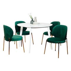 Amoa 5-Pc Dining Set, White Round Dining Table with 4 Chairs, Green
