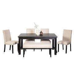 6-Piece Dining Set, Dining Table with 4 Stylish Chairs and a Bench, Tan