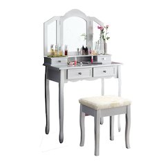 Sanlo Silver Finish Wood Vanity, Makeup Table and Stool Set