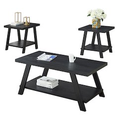 Athens Contemporary Replicated Wood Shelf Coffee Set Table in Black Finish
