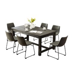 7-Piece Antique Black Finish Wood Dining Table, 6 Gray Faux Leather Chairs Set