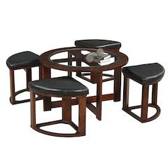 Cylina Solid Wood Glass Top Round Coffee Table with 4 Stools