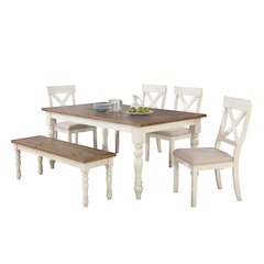 Prato 6-PC Dining Set With Chairs and Bench, Antique White and Distressed Oak