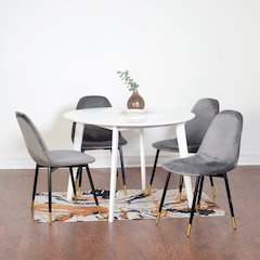 Lassan Contemporary 5-Pc Dining Set, White Round Dining Table and 4 Chairs, Gray