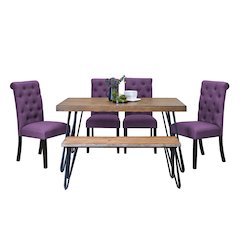 Ashford 6-Pc Dining Set, Hairpin Dining Table with 4 Chairs and Bench, Purple