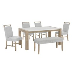 Zelalle 6-PC Dining Set, Table, 4 Chairs, and Bench, White Wired-Brushed Finish