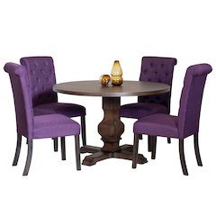 Kerbau 5-Pc Dining Set, Pedestal Round Table with 4 Stylish Chairs, Purple