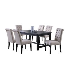 Leviton Antique Black Finished Wood Dining Set, Table with Six Chairs, Tan