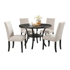Beige Round Dining Table Set for 4, Upholstered Chairs and Nailhead Trim