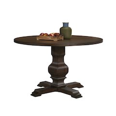 Round Wooden Kitchen Table with Pedestal Base in Brown Oak Finish