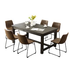 7-Piece Antique Black Finish Wood Dining Table, 6 Brown Faux Leather Chairs Set