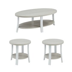 Anze Contemporary Oval Wood Shelf 3-Pc Coffee Table Set in White Finish
