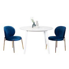 Amoa Contemporary 3-Pc Dining Set, White Round Dining Table and 2 Chairs, Blue