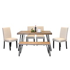 Amisos 6-Pc Dining Set, Hairpin Dining Table with 4 Chairs and Wood Bench, Tan