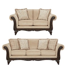 Hernen 2-Piece Living Room Set, Carved Wood Frame Sofa and Loveseat, Emma Wheat