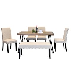 Amisos 6-Pc Dining Set, Hairpin Dining Table with 4 Chairs and Bench, Tan