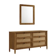 Vichy Wood and Rattan 6-Drawer Dresser with Mirror