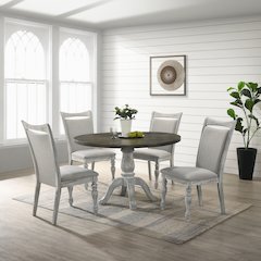 Iris 5-Pc Dining Set Pedestal Table with 4 Chairs, Weathered White and Gray