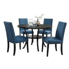 Biony Espresso Wood Dining Set with Blue Fabric Nailhead Chairs, 5-Pc