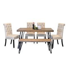 Ashford 6-Pc Dining Set, Hairpin Dining Table with 4 Chairs and Bench, Tan