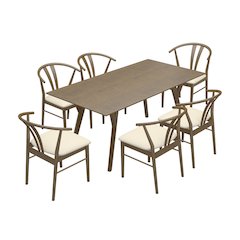 7-Piece Dining Set, Walnut Finished Dining Table with 6 Brown Wishbone Chairs