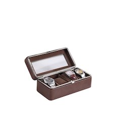 3.5" In  Brown Leather Brown Lining Tempered Glass 4-Watch Display Case