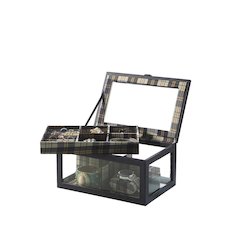 5" In Blue Leather Tartan Lining Tempered Glass Jewelry/Watch Case