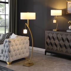 28.5" in CONTEMPORARY DUAL GOLD ARC W/ HANGING PENDELUM LAMP METAL TABLE LAMP