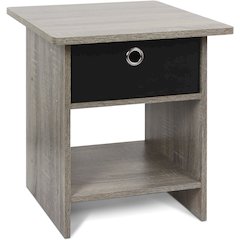 Dario End Table, Side Table, Storage Shelf with Bin Drawer, Grey Oak/Black