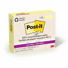 Post-it&reg; Recycled Super Sticky Notes - 90 - 3" Flag/Note Width x 5" Flag/Note Length - Rectangle - 70 Sheets per Pad - Canary Yellow - Adhesive - Recycled - 12 / Pack