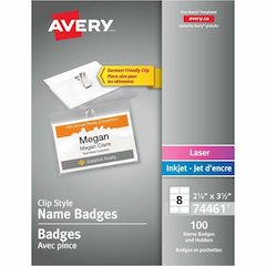 Avery&reg; Garment Friendly Clip Style Name Badge Kit - 3.5" Width x 2.3" Height - Rectangular Shape - Top Loading, Reusable, Durable, Swivel, PVC-free, Printable - Event, Seminar - Plastic - White, C