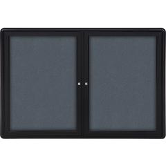 Ghent 2-door Ovation Enclosed Fabric Tackboard - 34" Height x 47" Width - Gray Fabric Surface - Shatter Resistant, Locking Door, Mounting System - Black Aluminum Frame - 1 Each