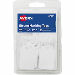 Avery&reg; Marking Tags, Strung, 1-3/4" x 1-3/32" , 100 Tags (6732) - 1.75" Length x 1.09" Width - Rectangular - String Fastener - Card Stock - White - 100/Pack - 1 Carton