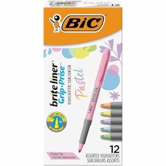 BIC Brite Liner Grip Highlighters, Assorted - Assorted, Pastel Yellow, Pastel Pink, Pastel Blue, Pastel Green, Pastel Purple, Pastel Orange Ink - 1 Dozen