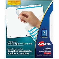 Avery&reg; Print & Apply Clear Label Dividers - Index Maker Easy Apply Label Strip - 25 x Divider(s) - 5 Tab(s)/Set - 8.5" Divider Width x 11" Divider Length - Letter - 3 Hole Punched - Clear Paper Di