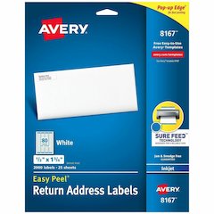 Avery&reg; Easy Peel Return Address Labels, 1/2"x1-3/4" 2,000 Labels (8167) - x 1/2" Width x 1 3/4" Length - Permanent Adhesive - Rectangle - Inkjet - Matte - White - Paper - 80 / Sheet - 25 Total She