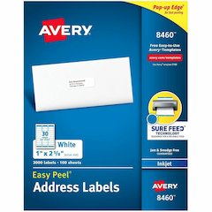 Avery&reg; Easy Peel White Inkjet Mailing Labels - 1" Width x 2 5/8" Length - Permanent Adhesive - Rectangle - Inkjet - Matte - White - Paper - 30 / Sheet - 100 Total Sheets - 3000 Total Label(s) - 30