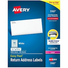 Avery&reg; Easy Peel Return Address Labels, 1/2"x1-3/4" 8,000 Labels (5167) - x 1/2" Width x 1 3/4" Length - Permanent Adhesive - Rectangle - Laser - Matte - White - Paper - 80 / Sheet - 100 Total She