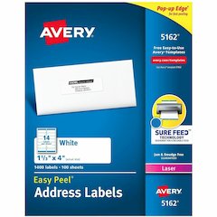 Avery&reg; Address Labels, 1-1/3" x 4" , White, 1,400ct (5162) - Waterproof - x 1 21/64" Width x 4" Length - Permanent Adhesive - Rectangle - Laser - Matte - White - Paper - 14 / Sheet - 100 Total She