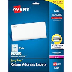Avery&reg; Easy Peel Return Address Labels, 1/2"x1-3/4" 2,000 Labels (5267) - x 1/2" Width x 1 3/4" Length - Permanent Adhesive - Rectangle - Laser - Matte - White - Paper - 80 / Sheet - 25 Total Shee