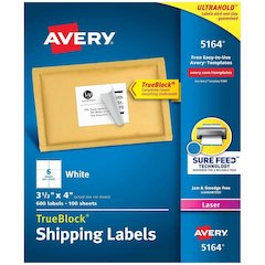 Avery&reg; Shipping Labels, 3-1/3" x 4" , White, 600ct (5164) - x 3 21/64" Width x 4" Length - Permanent Adhesive - Rectangle - Laser - Matte - White - Paper - 6 / Sheet - 100 Total Sheets - 600 Total