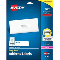 Avery&reg; Easy Peel Address Labels, 1" x 4" , 500 White Labels (5261) - x 1" Width x 4" Length - Permanent Adhesive - Rectangle - Laser - Matte White - White - Paper - 20 / Sheet - 25 Total Sheets - 