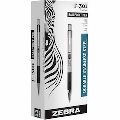 Zebra Pen F-301 Stainless Steel Ballpoint Pens - Fine Pen Point - 0.7 mm Pen Point Size - Refillable - Retractable - Black - Stainless Steel Stainless Steel Barrel - 1 Dozen